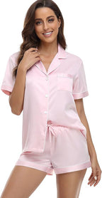 Serenedelicacy Women's Satin Pajama Set 2-Piece Sleepwear Loungewear Button Down Short Sleeve Silky PJ Set