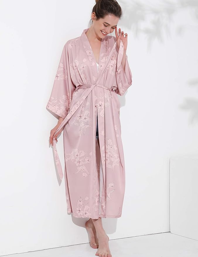 Aensso Long Soft Lightweight Silky Kimonos Robes for Women, Luxury Japanese Floral Womens Kimono Robe