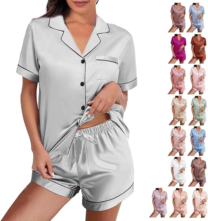 WJing Yi Jia Womens Silk Satin Pajamas Loungewear Two-Piece Sleepwear Button-Down Floral Pj Set XS-4XL