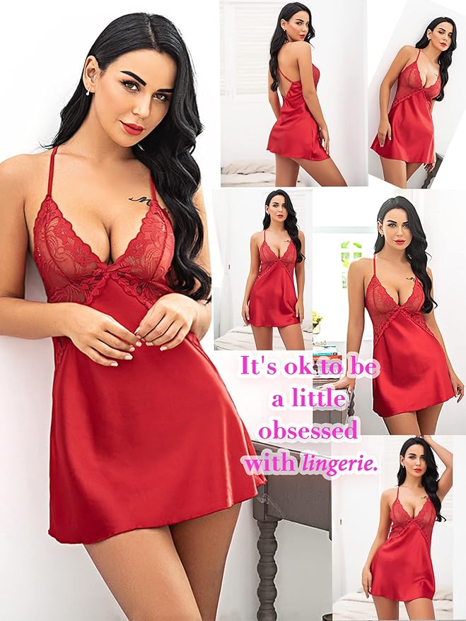 Avidlove Women Lingerie V Neck Sexy Nightwear Satin Sleepwear Lace Chemise Mini Babydoll Nightgown