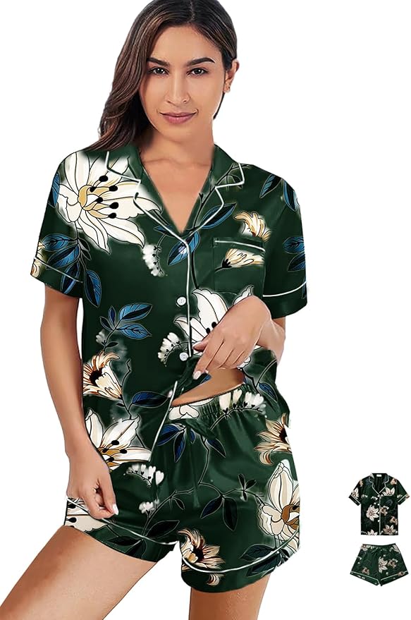 WJing Yi Jia Womens 3Pcs Satin Pajamas Set Floral Silk Pajama Sets Stripe Lounge Set Silky Sleepwear XS-2XL Pjs Long Scarves