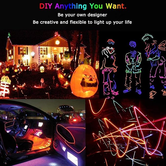 JIGUOOR USB Rechargeable EL Wire 32.8ft/10m (5mx2) Bright Neon Light Strip 360° Illumination Neon Tube Rope Lights for DIY, Festival, Party Decoration, Halloween, Chrismas (32.8ft/10M, Orange)