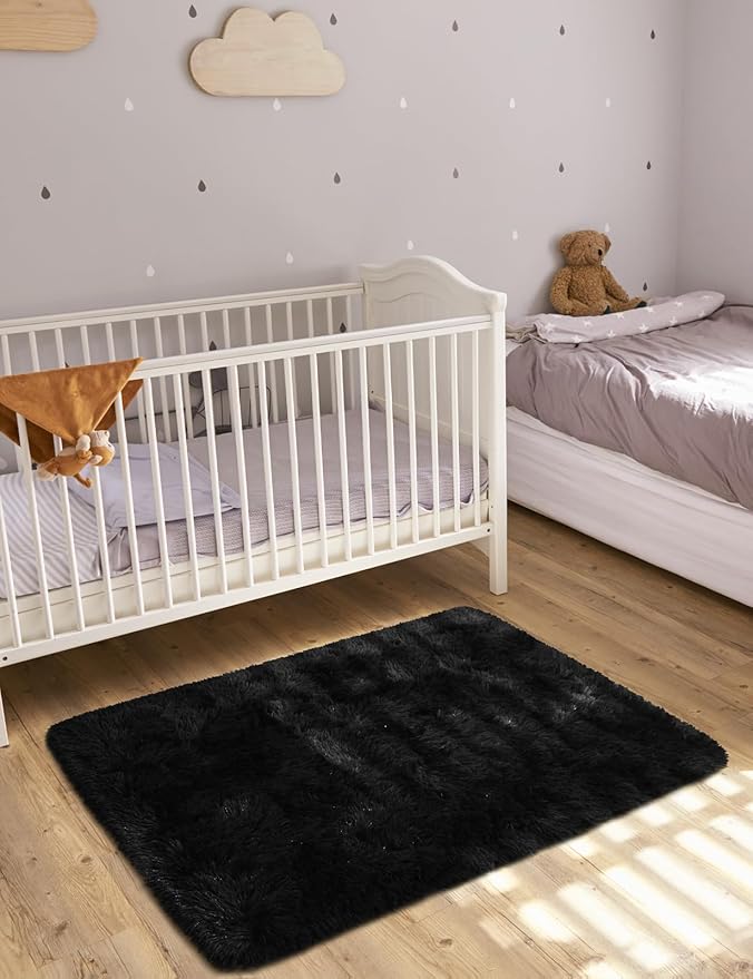 Macgace Small Throw Rugs for Bedroom, 2x3 Black Mini Non-Slip Area Rug, Super Soft Plush Fluffy Carpet Modern Home Decor Aesthetic for Entryway Entrance Nursery Kids Room Dorm Office