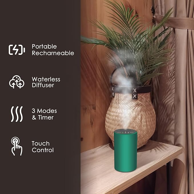 Waterless Essential Oil Diffuser, Battery Powered Mini Scent Air Machine, Aromatherapy Mist Diffuser for Home Room Car Office (Green Aluminum Alloy)