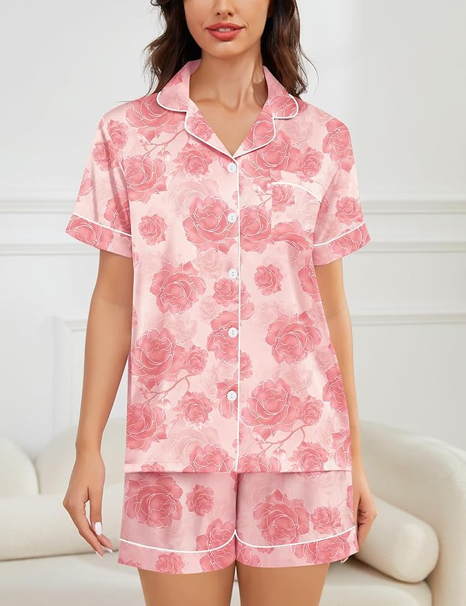 SWOMOG Womens Silk Satin Pajamas Set Short Sleeve Sleepwear Button Down Top and Shorts Loungewear 2 Piece Pjs Set XS-3XL