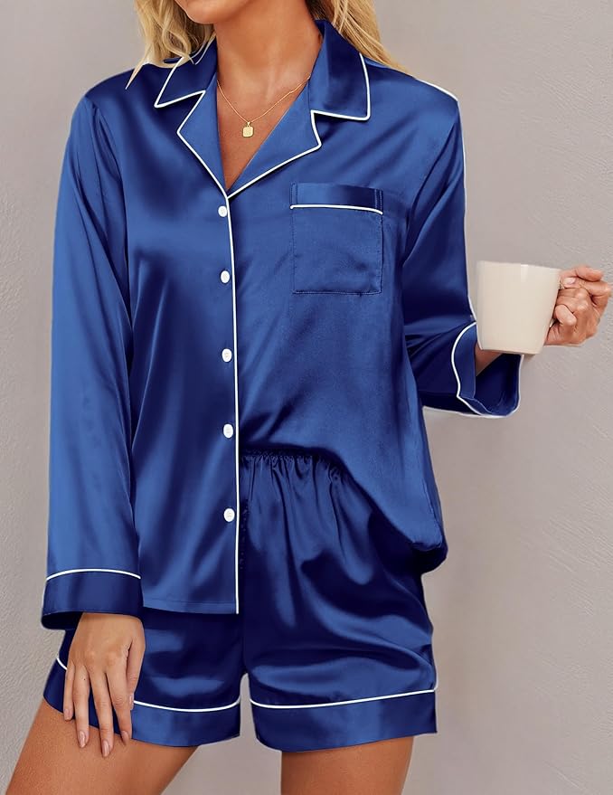 Ekouaer Satin Pajama Set for Women Button Down Pj Set Long Sleeve Top and Shorts 2 Piece Loungewear Summer Soft Sleepwear