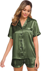 SWOMOG Womens Silk Satin Pajamas Set Short Sleeve Sleepwear Button Down Top and Shorts Loungewear 2 Piece Pjs Set XS-3XL