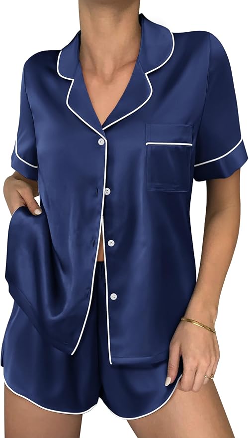 Ekouaer Womens Silk Satin Pajama Sets 2 Piece Button Down Silk Pjs Shorts Sets Cute Print Short Sleeve Sleepwear S-4XL