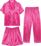 Hupohoi Unisex Girls Boys Kids Pajama Sets Button Down Satin Sleepwear Nighty 3PCS Silky Lounge Sets Nightwear
