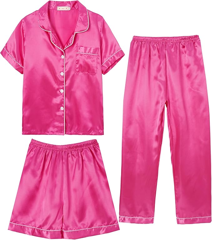 Hupohoi Unisex Girls Boys Kids Pajama Sets Button Down Satin Sleepwear Nighty 3PCS Silky Lounge Sets Nightwear