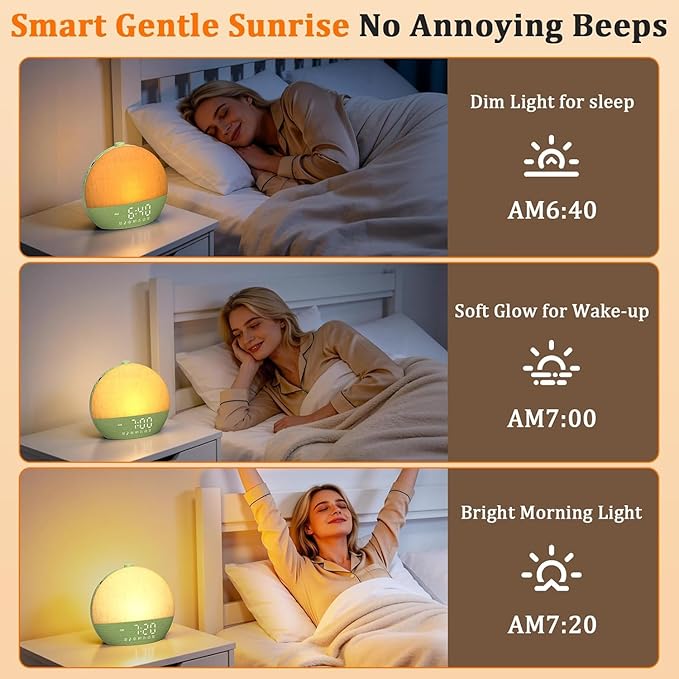 Thybro Light Sunrise Alarm Clock: 10-60 Mins Gradual Sunrise & Natural Sounds Gentle Wake up for Heavy Sleepers - 3-Step Easy Setup with Dual Alarms - 30 Sleep Sounds White Noise Machine