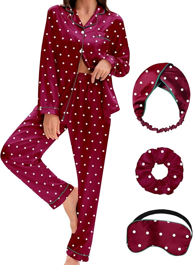 EPLAZA Silk Pajamas for Women Satin Pajamas Set 5 Pcs Long Sleeve Print Pattern Button Down Pjs Sleepwear Loungewear Set