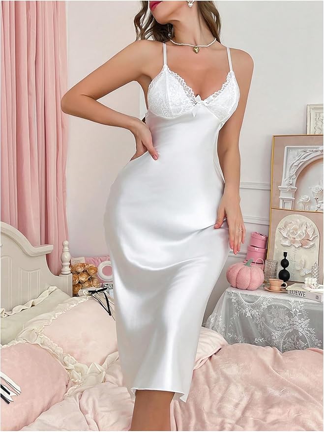 OYOANGLE Women's Mesh Robe Set 2 Pieces Pajamas Sets Sexy Soft Robe with Silk Satin V Neck Cami Dress Nightgown