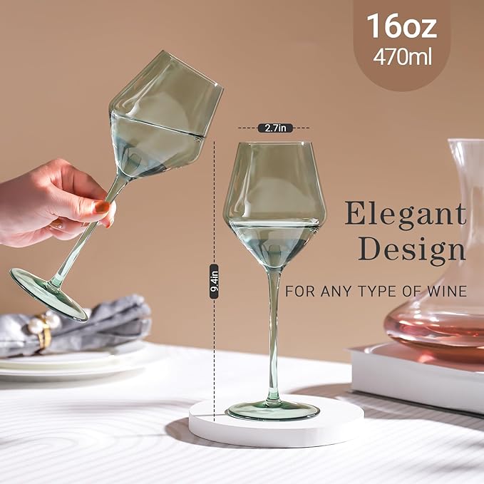 Sage Green Wine Glasses Set 6-16oz, Long Stem - Hand Blown Pale Sage Green Stemware for Wedding Deco