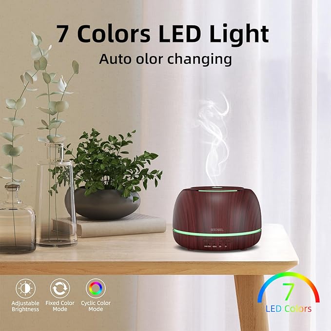 SEEDSEEL 300ML Essential Oil Diffuser, Aromatherapy Diffuser with Remote Control, 4 Timers, 7-Color LED Light and Waterless Auto-Off for Room, Bedroom, Home