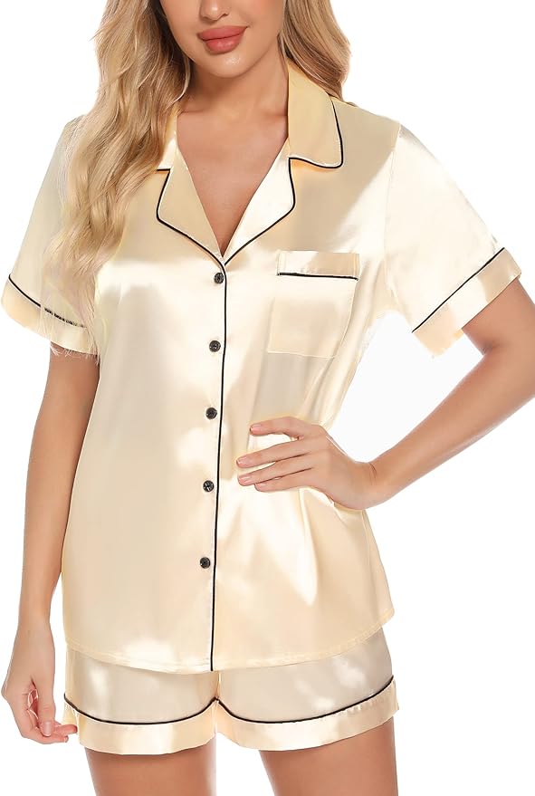 Samring Women's Silk Satin Pajamas Set Short Sleeve Sleepwear Two Piece Button Down Pj Set with Pockets S-XXL