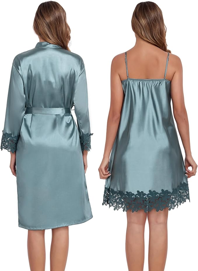 BestWendding Women's Silk Robe Set 2 Pieces Pajamas Sets Sexy Soft Satin Robe with V Neck Camisole Lingerie Nightgown