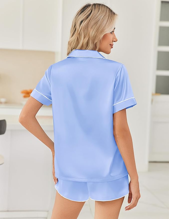 Ekouaer Womens Silk Satin Pajama Sets 2 Piece Button Down Silk Pjs Shorts Sets Cute Print Short Sleeve Sleepwear S-4XL