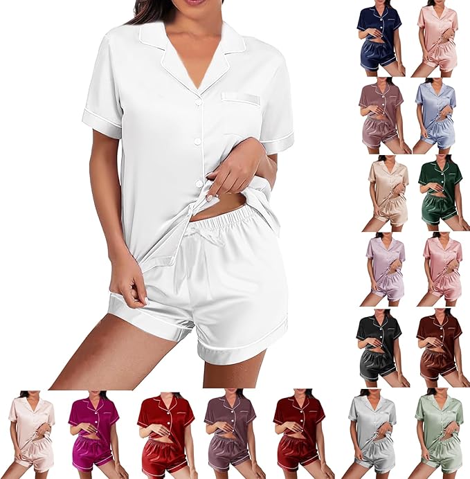 WJing Yi Jia Womens Silk Satin Pajamas Loungewear Two-Piece Sleepwear Button-Down Floral Pj Set XS-4XL