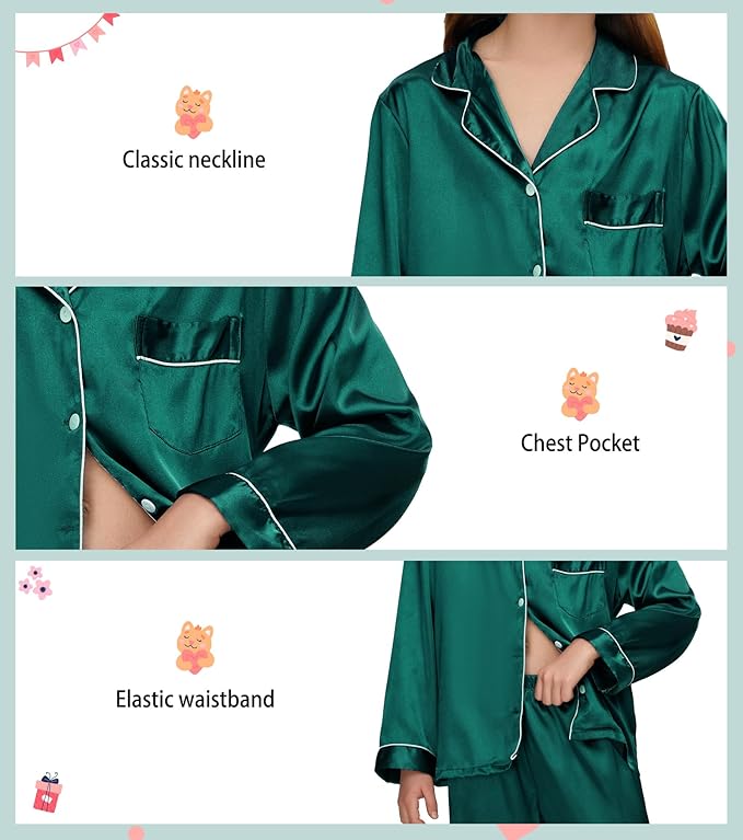 EPLAZA Kids Satin Pajamas Sets Girls Boys Button-Down Silky Pajamas Sleepwear with Hairband Eye Mask Hair Tie