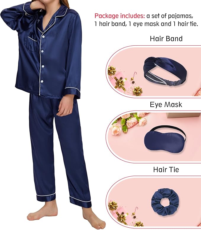 EPLAZA Kids Satin Pajamas Sets Girls Boys Button-Down Silky Pajamas Sleepwear with Hairband Eye Mask Hair Tie