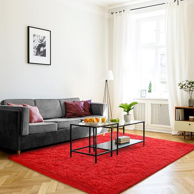Jelymark Super Soft Shaggy Rug for Bedroom, 4x5.9 Feet Fluffy Carpet for Living Room, Fuzzy Indoor Plush Area Rug for Home Decor, Furry Floor Rugs for Dorm, Kids Nursery Rug for Girls, Red