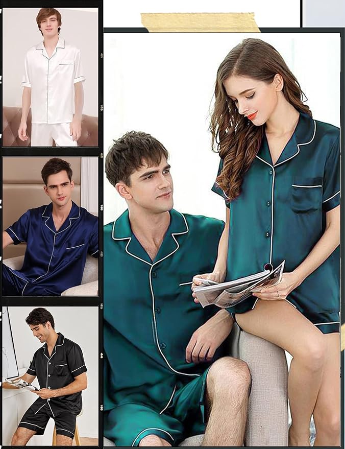 SWOMOG Satin Matching Pajamas Sets Couple Silk Button Down Nightwear Women & Men Short Sleeve Sleepwear 2 Pieces Loungewear