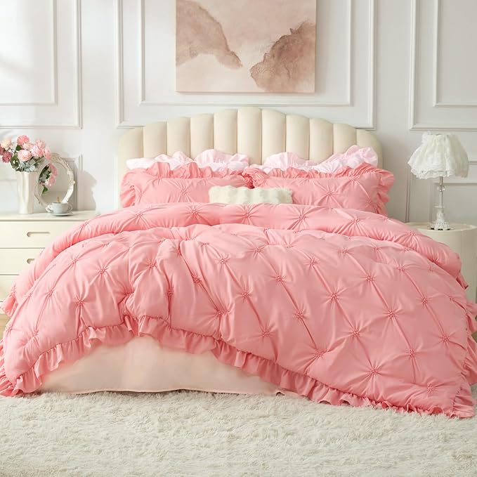 BEDELITE Pink Comforter Set Queen - 3 Pieces Boho Ruffle Pintuck Bedding Comforter Sets, Lightweight Soft & Warm Bed Comforter with 2 Pillowcases for Spring,Valentines Day Gift