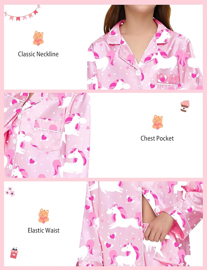 EPLAZA Kids Satin Pajamas Sets Girls Boys Button-Down Silky Pajamas Sleepwear with Hairband Eye Mask Hair Tie