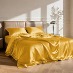 Love's cabin Satin King Sheet Sets - 4 Piece Gold Silky Sheets King Size Bed with Deep Pocket, Luxury Silk Feel King Size Satin Sheet Set (1 Flat Sheet,1 Fitted Sheet,2 Pillow Cases)