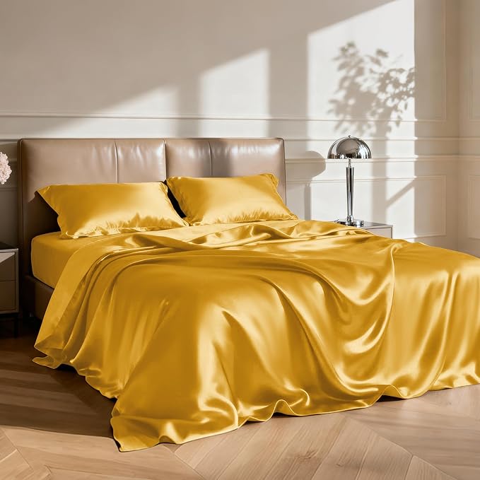 Love's cabin Satin Queen Sheets Set - 4 Piece Gold Silky Bed Sheets with Deep Pocket, Luxury Silk Feel Satin Queen Size Sheet Set (1 Flat Sheet,1 Fitted Sheet,2 Pillow Cases)