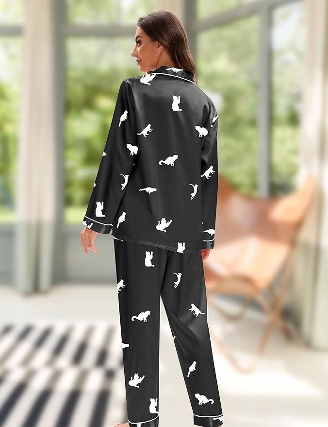 EPLAZA Silk Pajamas for Women Satin Pajamas Set 5 Pcs Long Sleeve Print Pattern Button Down Pjs Sleepwear Loungewear Set