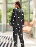 EPLAZA Silk Pajamas for Women Satin Pajamas Set 5 Pcs Long Sleeve Print Pattern Button Down Pjs Sleepwear Loungewear Set
