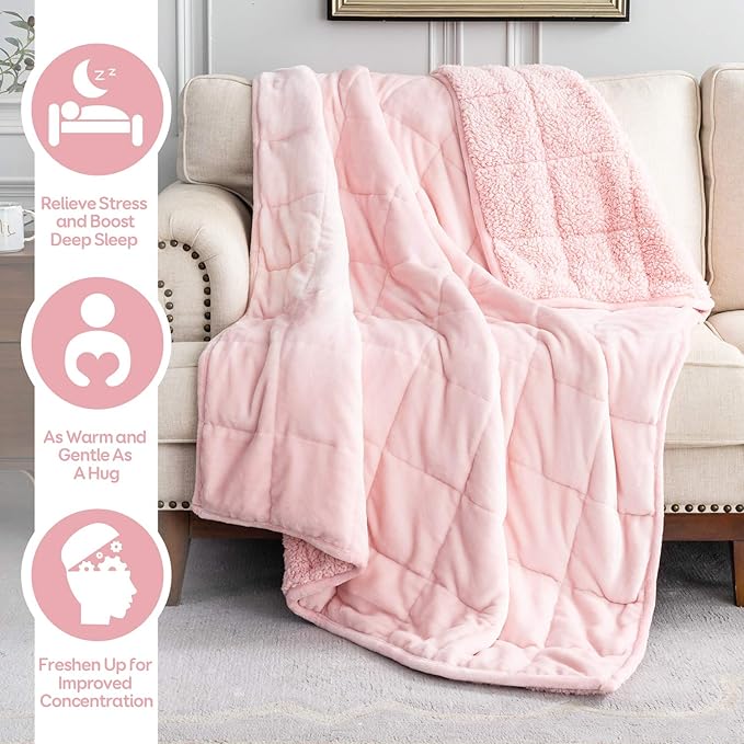 Cottonblue Weighted Blanket Queen Size 15lbs, Sherpa Weighted Blankets for Adults, Fuzzy Soft Flannel Bedding Blanket Throw, Cozy Plush Blanket for Sofa Bed, 60 x 80 inches, Blush Pink