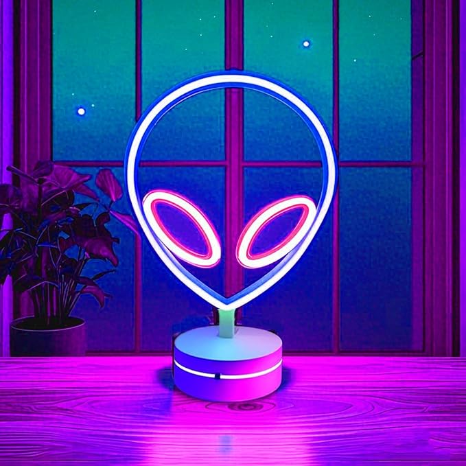 Alien Neon Sign Lamp Lamp Dimmable LED with Standable Base and Touchable Switch,USB or 3-AA Battery Powered Neon Signs LED Desktop Wall Decoration for Party, Bedroom ，Birthday Christmas Gift