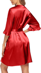 Ekouaer Women's Satin Robe Valentines Lingerie for Women Kimono Bathrobe Short Ruffle Belted Robes Bridesmaids Sleepwear