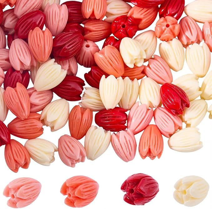 100Pcs 9x11mm Large Coral Flower Beads Floral Jewelry Beads Colorful 3D Carved Jasmine Dyed Synthetic Coral Aesthetic Small Loose Smooth Spacers for Jewelry Making Necklaces Bracelets Adult