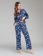 SWOMOG Womens Silk Satin Pajamas Set Long Sleeve Button Down Sleepwear 2 Piece Lounge Set Pj Set XS-3XL