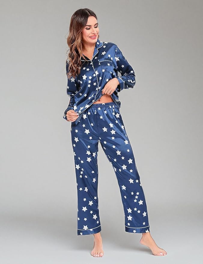 SWOMOG Womens Silk Satin Pajamas Set Long Sleeve Button Down Sleepwear 2 Piece Lounge Set Pj Set XS-3XL