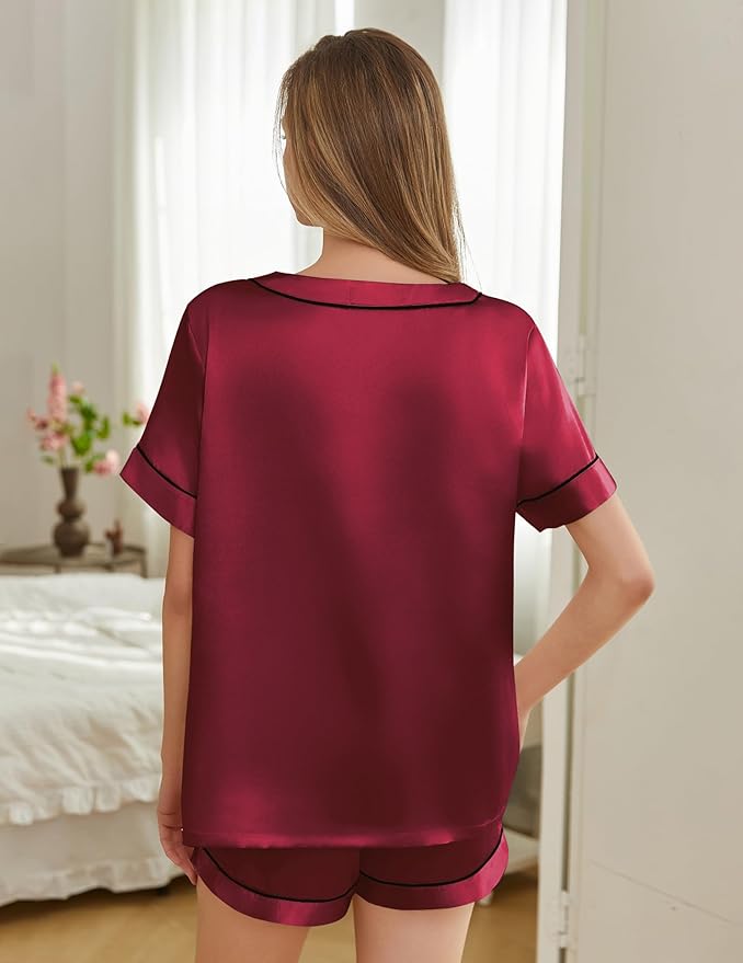 Silk Pajamas for Women Short Sleeve Satin 2 Piece Pj Set Soft V Neck Sleepwear Loungewear, S-XXL