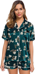 SWOMOG Womens Silk Satin Pajamas Set Short Sleeve Sleepwear Button Down Top and Shorts Loungewear 2 Piece Pjs Set XS-3XL