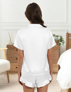 Silk Pajamas for Women Button Down 2 Piece Satin Pjs Shorts Set Ruffle Notch Collar Sleepwear Loungewear