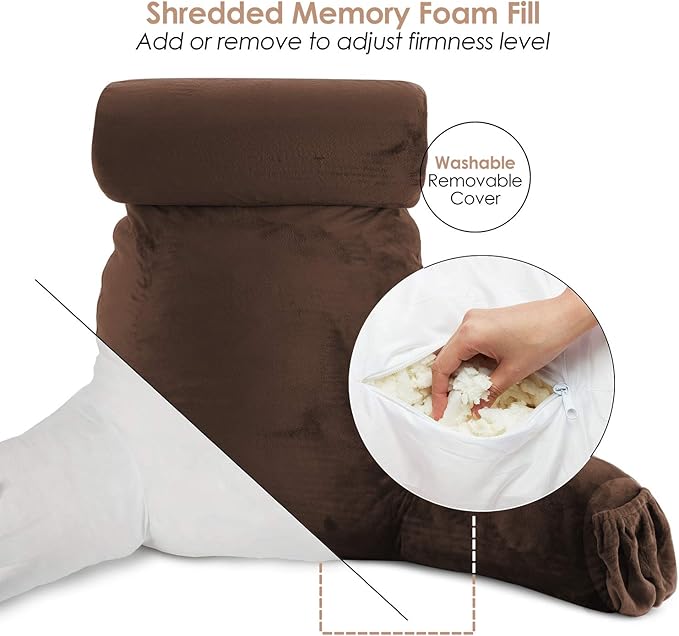 Clara Clark Reading Pillow with Shredded Memory Foam Includes 2 Neck and Lumber Support Pillows, Designed for Sitting Up in Bed and Couch, Back and Arms Adjustable Support for Adults, Chocolate Brown