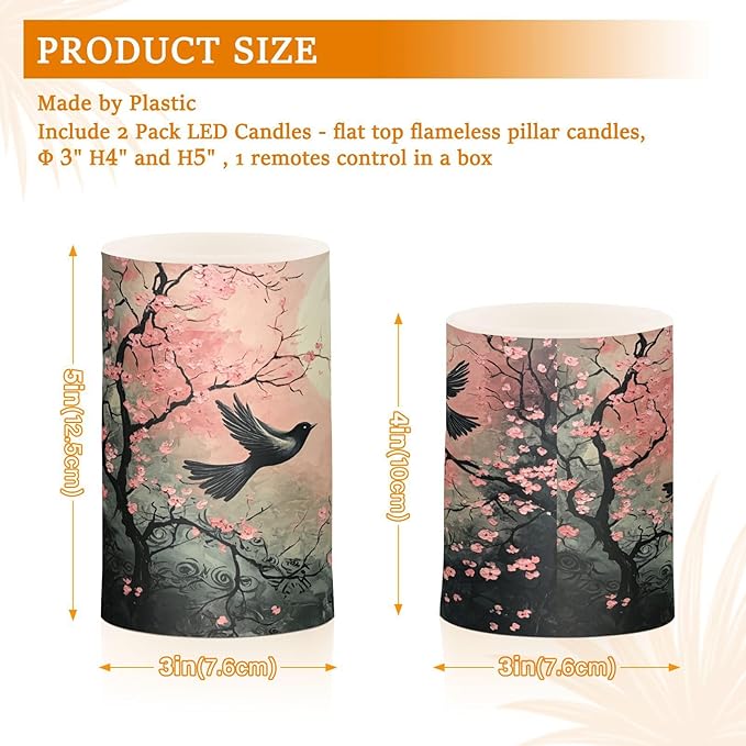 Peach Blossom Moon Bird Flameless Candles Battery Operated Color Changing LED Candles with Remote Control Timer Outdoor Indoor 2 Pack