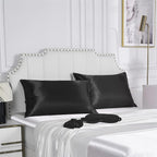 Black Satin Pillowcase for Hair and Skin, Vegan Silk Pillowcase Set-2 Satin Pillowcases, 1 Eye Mask, 1 Scrunchie-Luxury Sleep Set, Silky Standard Satin Pillow Cases with Envelope Closure