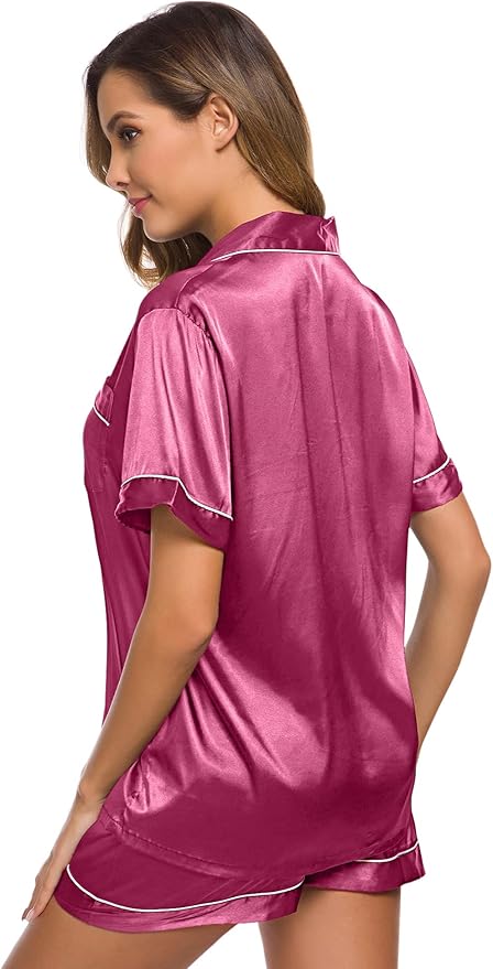 SWOMOG Womens Silk Satin Pajamas Set Short Sleeve Sleepwear Button Down Top and Shorts Loungewear 2 Piece Pjs Set XS-3XL