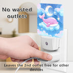 Whale Night Lights Plug Into Wall, Cute Playful Moon Stars Summer Peach Energy Saving Automatic Led Night Lights for Bedroom Bathroom Hallway Kitchen Decor 2pcs