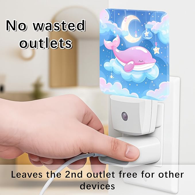 Whale Night Lights Plug Into Wall, Cute Playful Moon Stars Summer Peach Energy Saving Automatic Led Night Lights for Bedroom Bathroom Hallway Kitchen Decor 2pcs