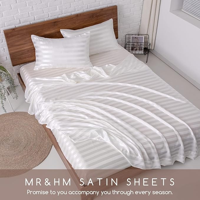 MR&HM Satin Bed Sheets, Queen Size Sheets Set, 4 Pcs Silky Bedding Set with 15 Inches Deep Pocket for Mattress (Queen, Ivory Striped)