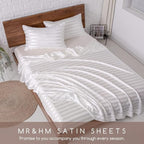 MR&HM Satin Bed Sheets, Queen Size Sheets Set, 4 Pcs Silky Bedding Set with 15 Inches Deep Pocket for Mattress (Queen, Ivory Striped)
